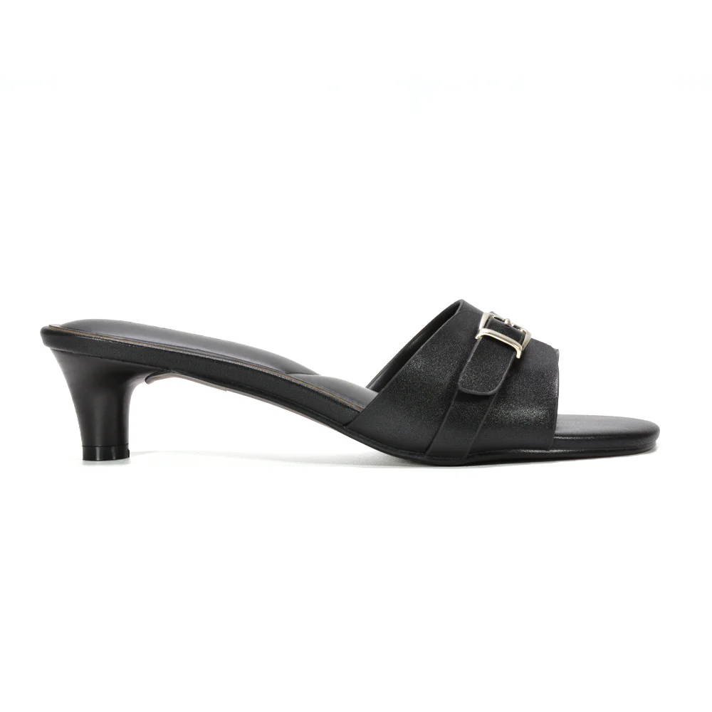 Romee Buckle Strap Slip On Low Kitten Heel Mule Sandals in Brown Synthetic Leather - Image 8