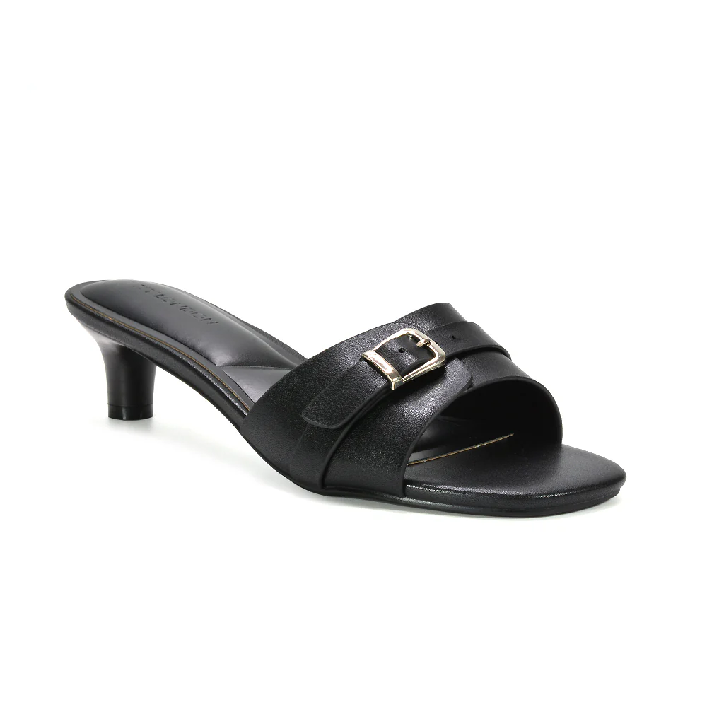 Romee Buckle Strap Slip On Low Kitten Heel Mule Sandals in Brown Synthetic Leather - Image 9