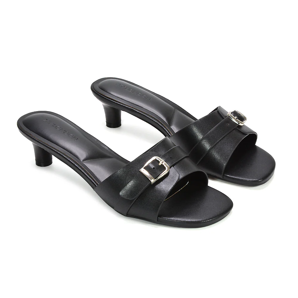 Romee Buckle Strap Slip On Low Kitten Heel Mule Sandals in Brown Synthetic Leather - Image 10