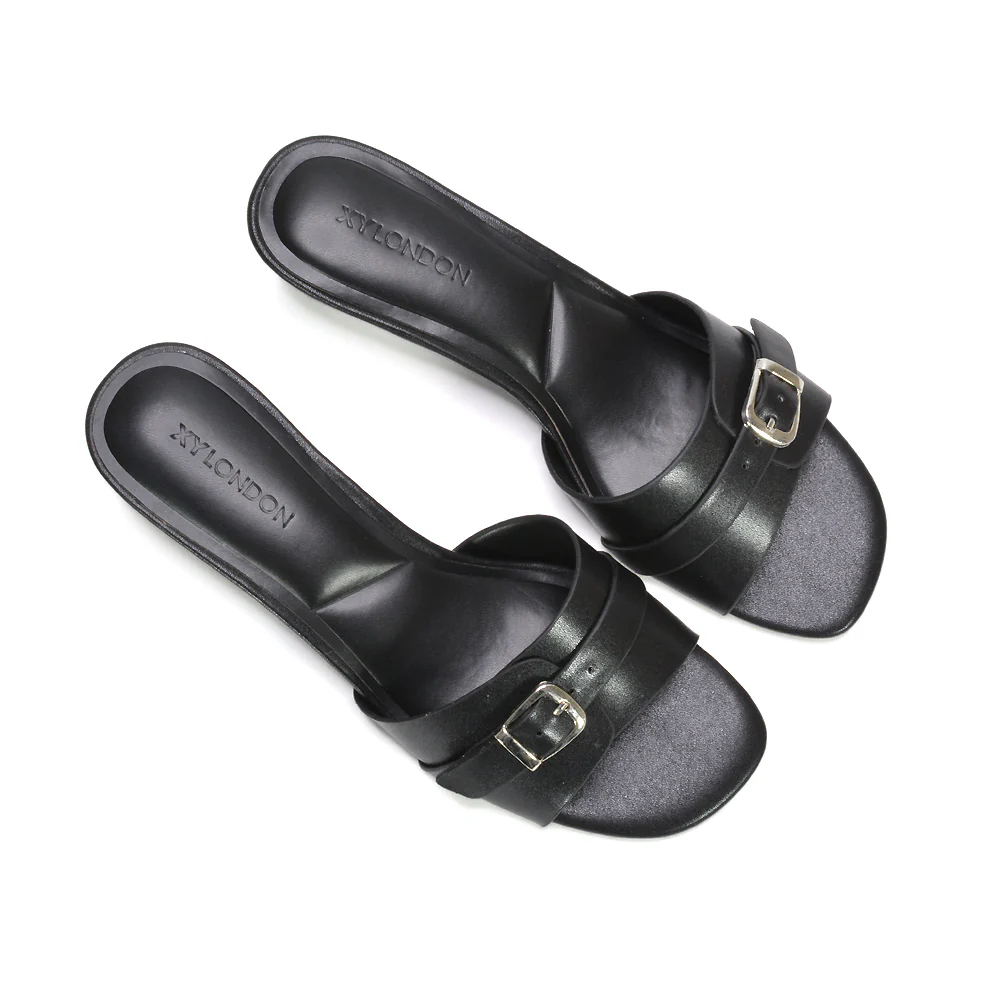 Romee Buckle Strap Slip On Low Kitten Heel Mule Sandals in Brown Synthetic Leather - Image 11