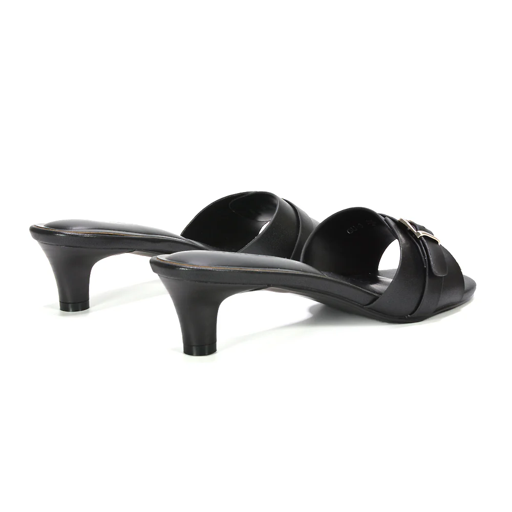 Romee Buckle Strap Slip On Low Kitten Heel Mule Sandals in Brown Synthetic Leather - Image 12