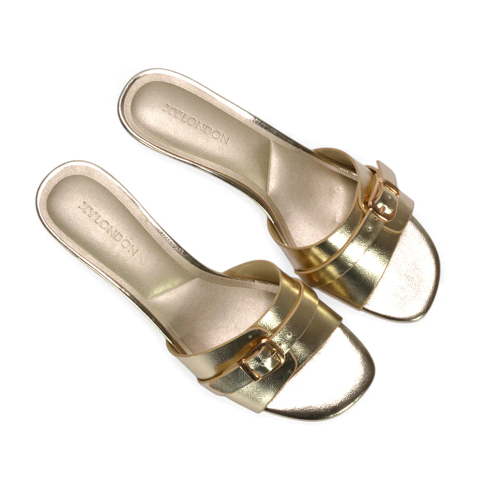 Romee Buckle Strap Slip On Low Kitten Heel Mule Sandals in Brown Synthetic Leather - Image 15