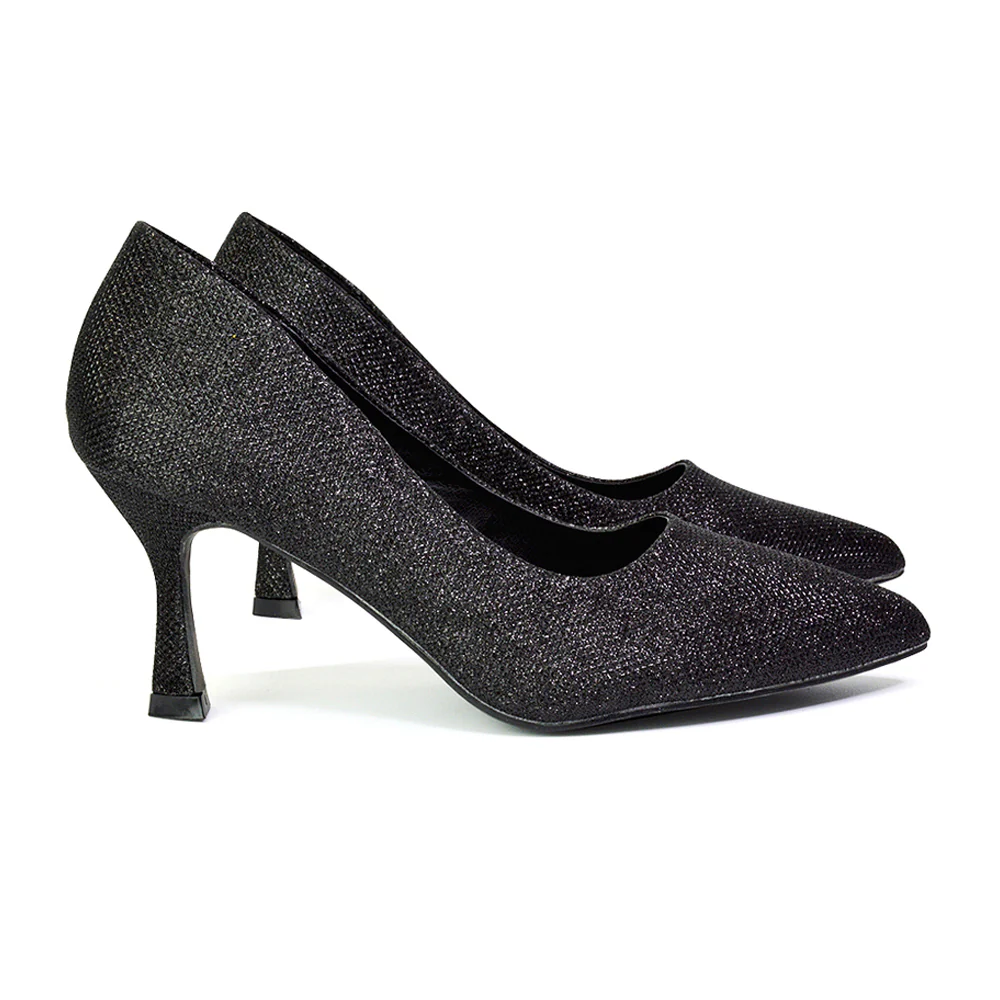 Romi Bridal Shoes Pointed Toe Wedding Glitter Court Shoes Mid Stiletto Heels in Black Glitter - Image 4