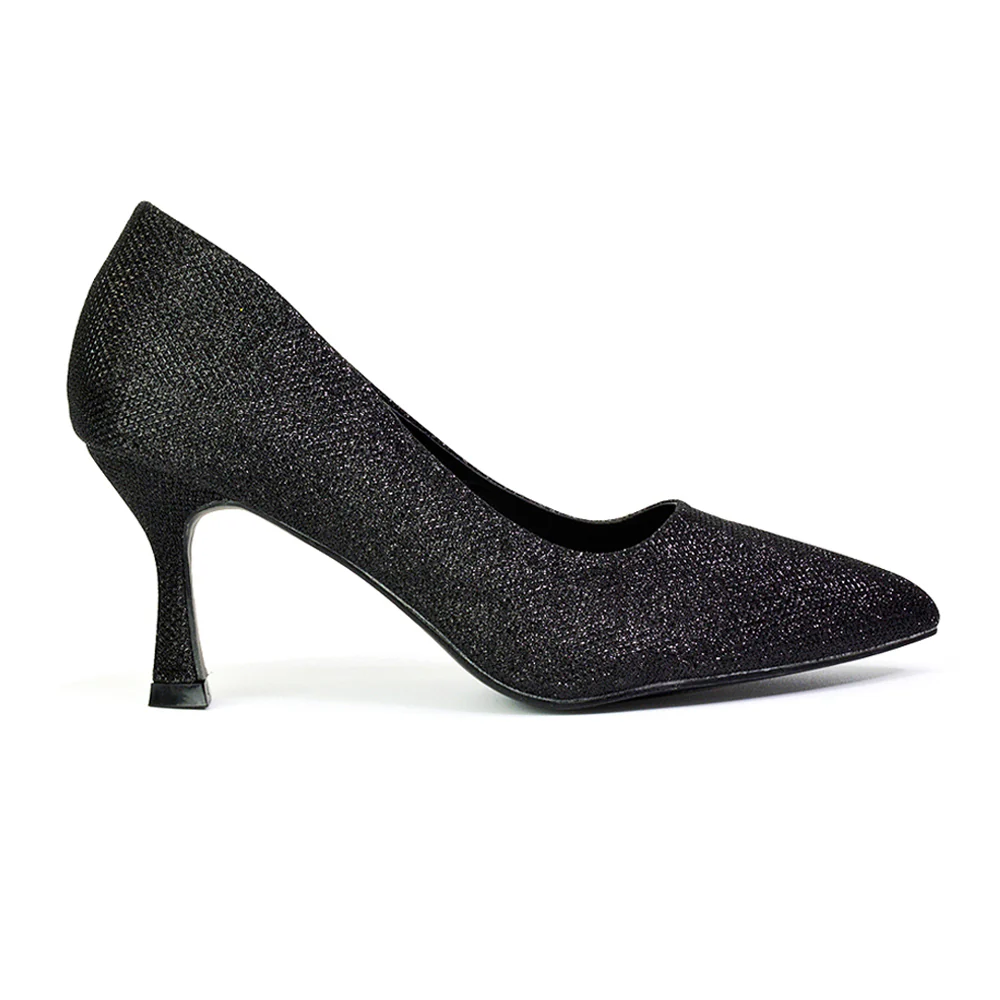 Romi Bridal Shoes Pointed Toe Wedding Glitter Court Shoes Mid Stiletto Heels in Black Glitter - Image 5