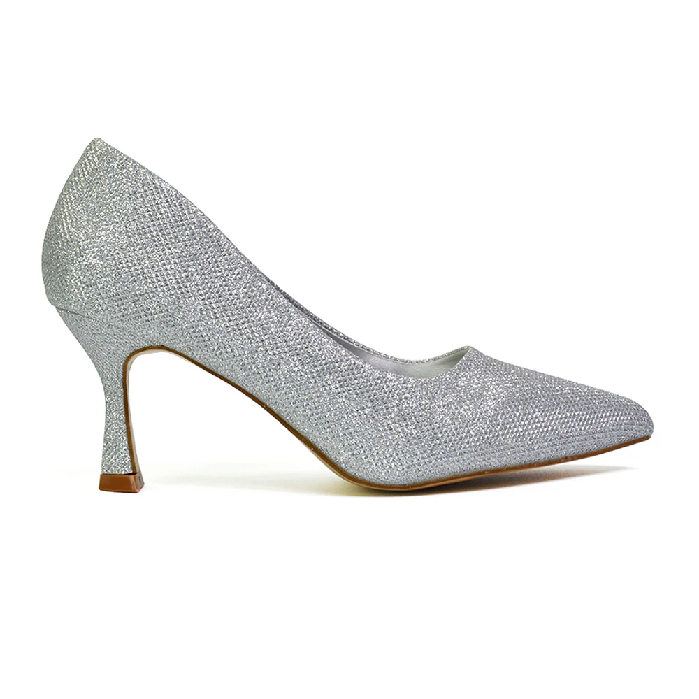 Romi Bridal Shoes Pointed Toe Wedding Glitter Court Shoes Mid Stiletto Heels in Silver - Image 91