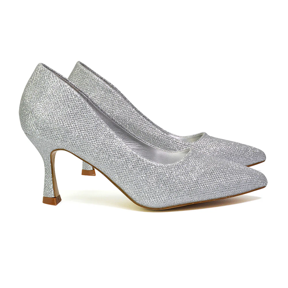 Romi Bridal Shoes Pointed Toe Wedding Glitter Court Shoes Mid Stiletto Heels in White - Image 88
