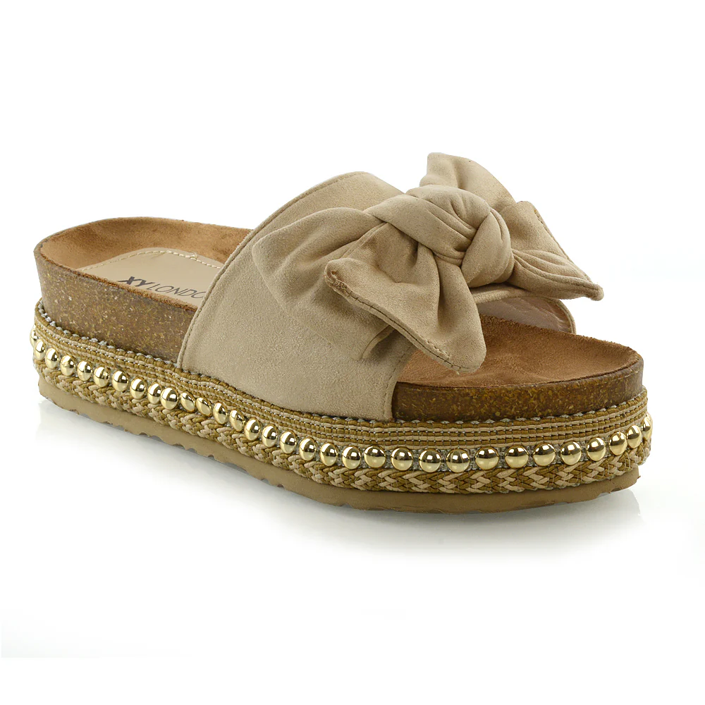 RONNIE BOW DETAIL STRAPPY SLIDER FLATFORM SUMMER SANDALS IN BEIGE FAUX SUEDE - Image 16