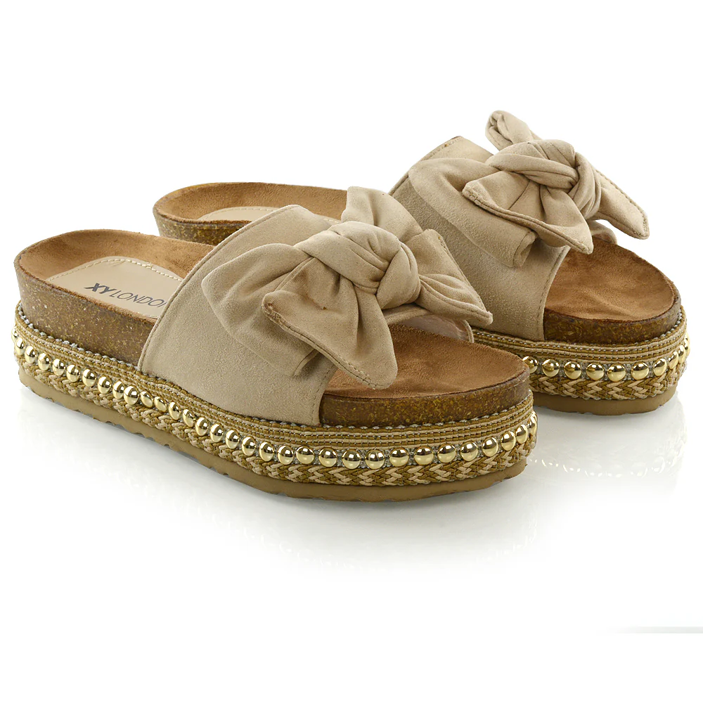 RONNIE BOW DETAIL STRAPPY SLIDER FLATFORM SUMMER SANDALS IN BEIGE FAUX SUEDE - Image 6