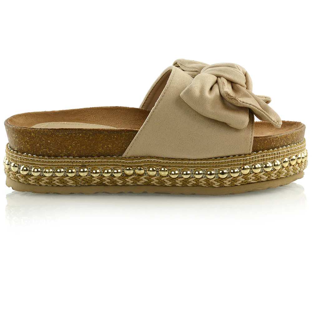 RONNIE BOW DETAIL STRAPPY SLIDER FLATFORM SUMMER SANDALS IN BEIGE FAUX SUEDE - Image 8