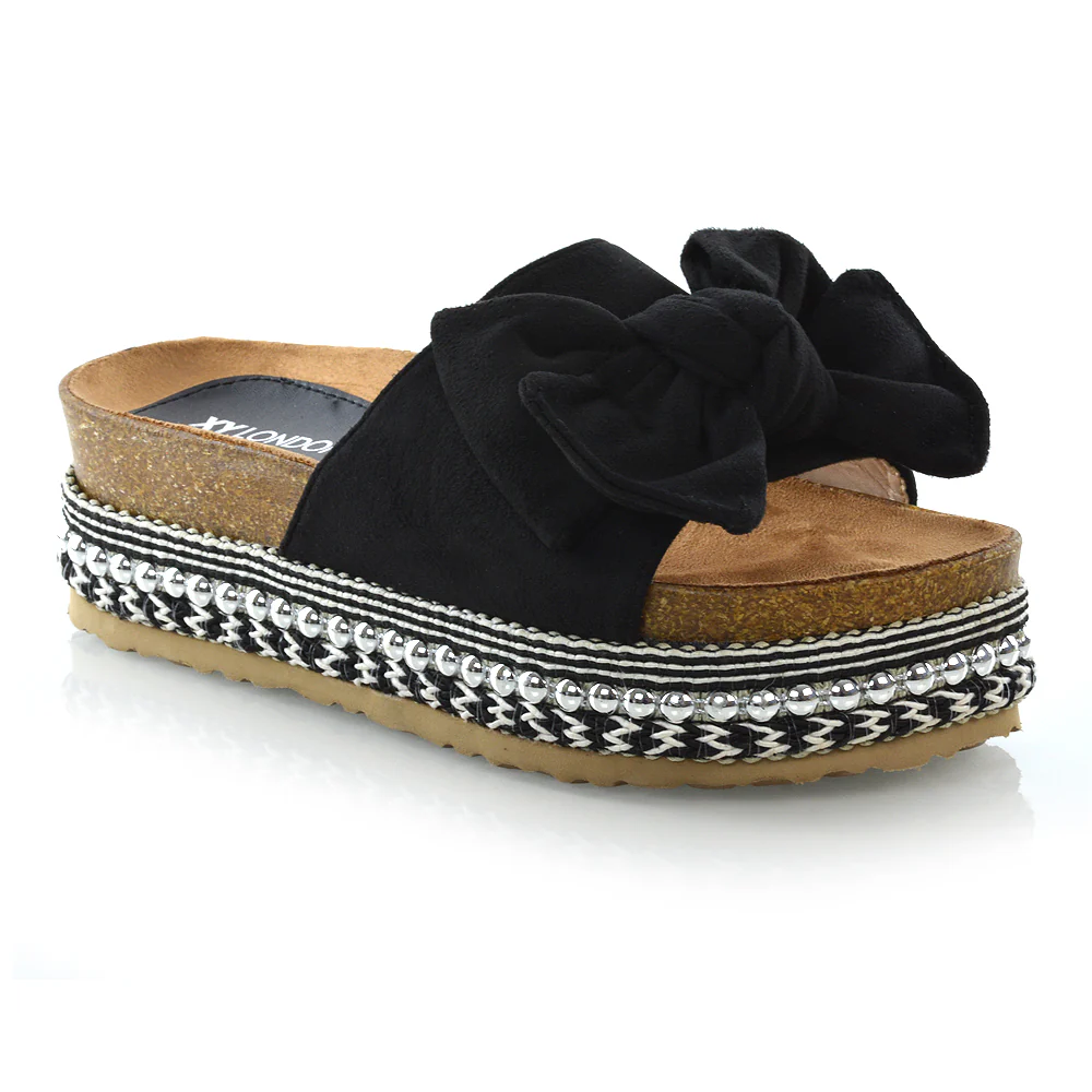 RONNIE BOW DETAIL STRAPPY SLIDER FLATFORM SUMMER SANDALS IN BLACK FAUX SUEDE - Image 13