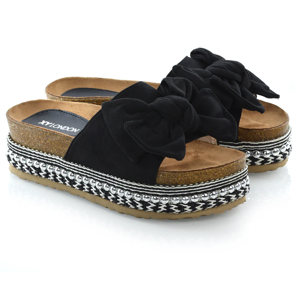 RONNIE BOW DETAIL STRAPPY SLIDER FLATFORM SUMMER SANDALS IN BLACK FAUX SUEDE - Image 21