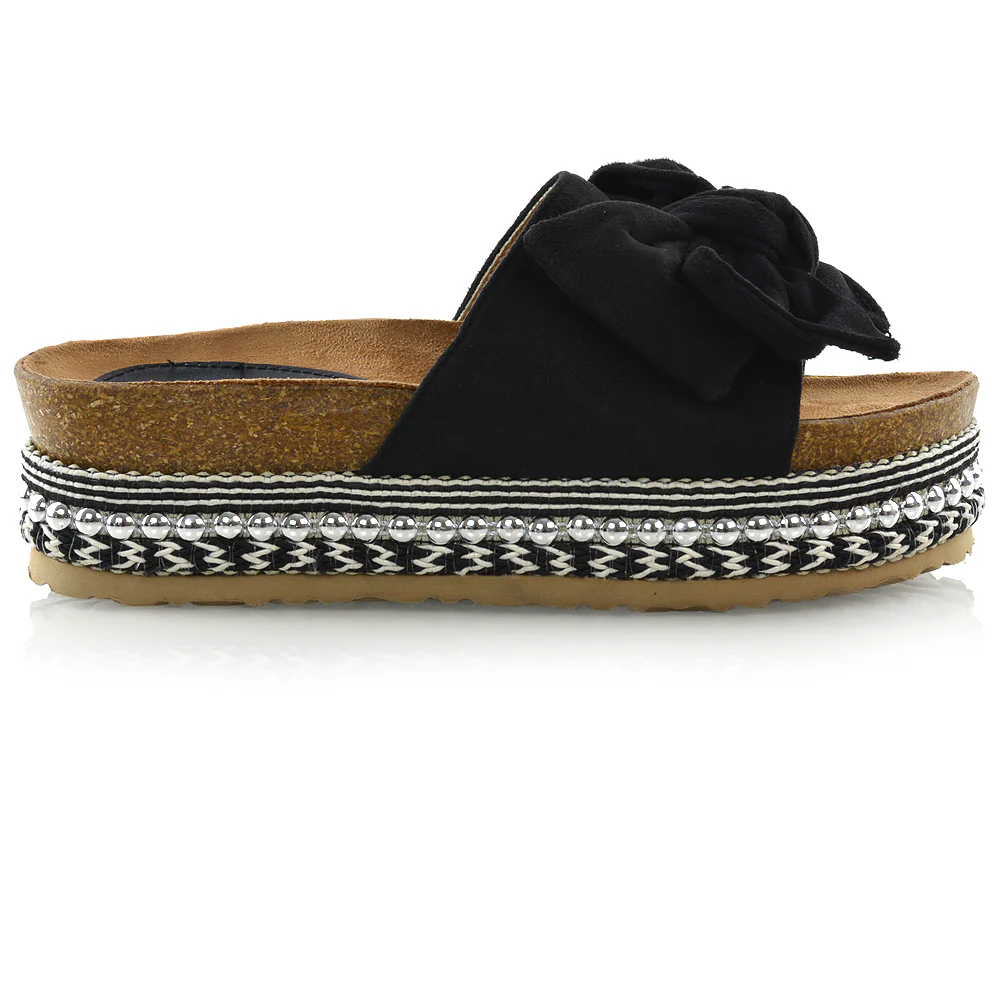 RONNIE BOW DETAIL STRAPPY SLIDER FLATFORM SUMMER SANDALS IN BLACK FAUX SUEDE - Image 5