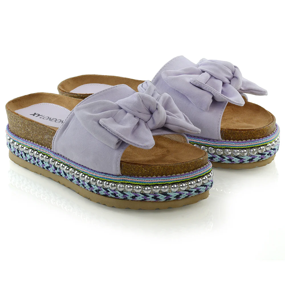 RONNIE BOW DETAIL STRAPPY SLIDER FLATFORM SUMMER SANDALS IN LILAC FAUX SUEDE - Image 18