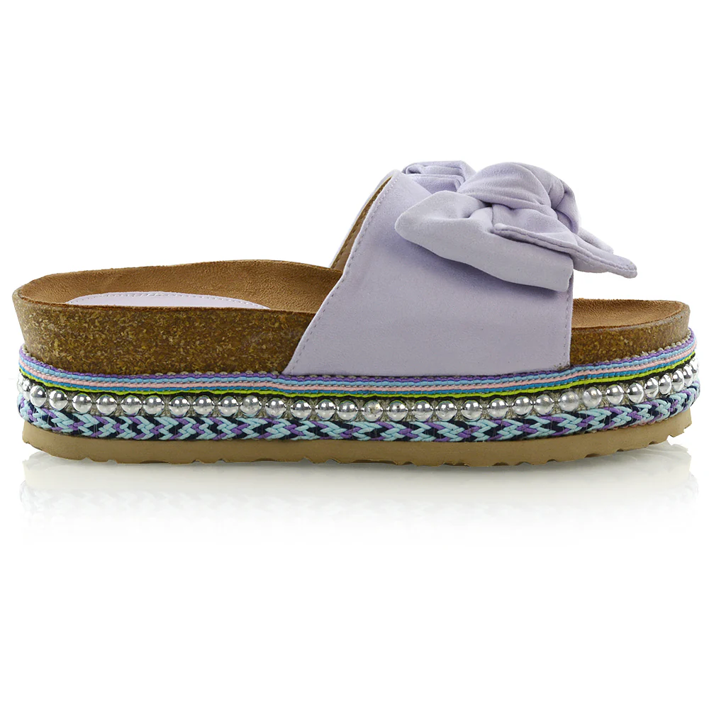RONNIE BOW DETAIL STRAPPY SLIDER FLATFORM SUMMER SANDALS IN LILAC FAUX SUEDE - Image 2