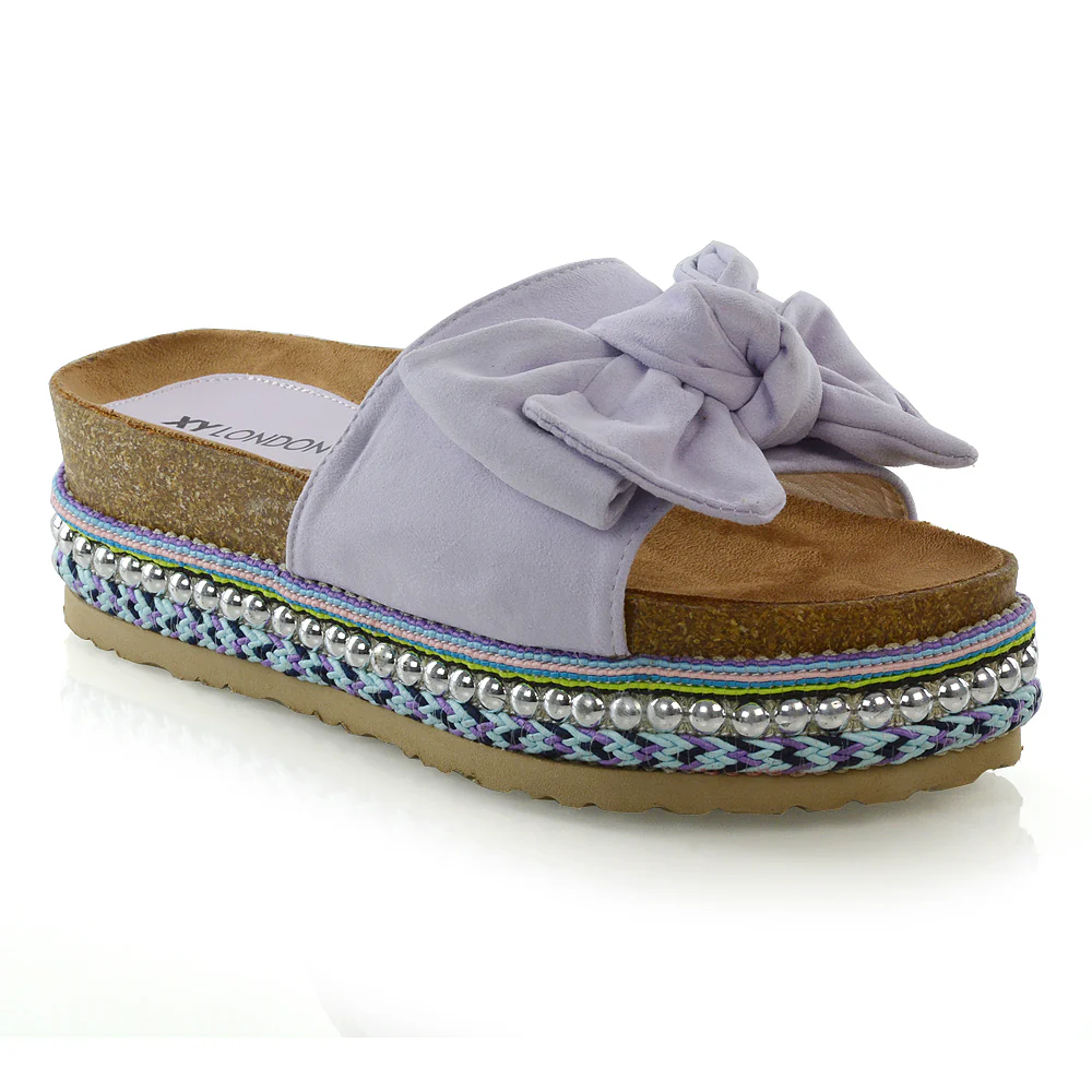RONNIE BOW DETAIL STRAPPY SLIDER FLATFORM SUMMER SANDALS IN LILAC FAUX SUEDE - Image 3