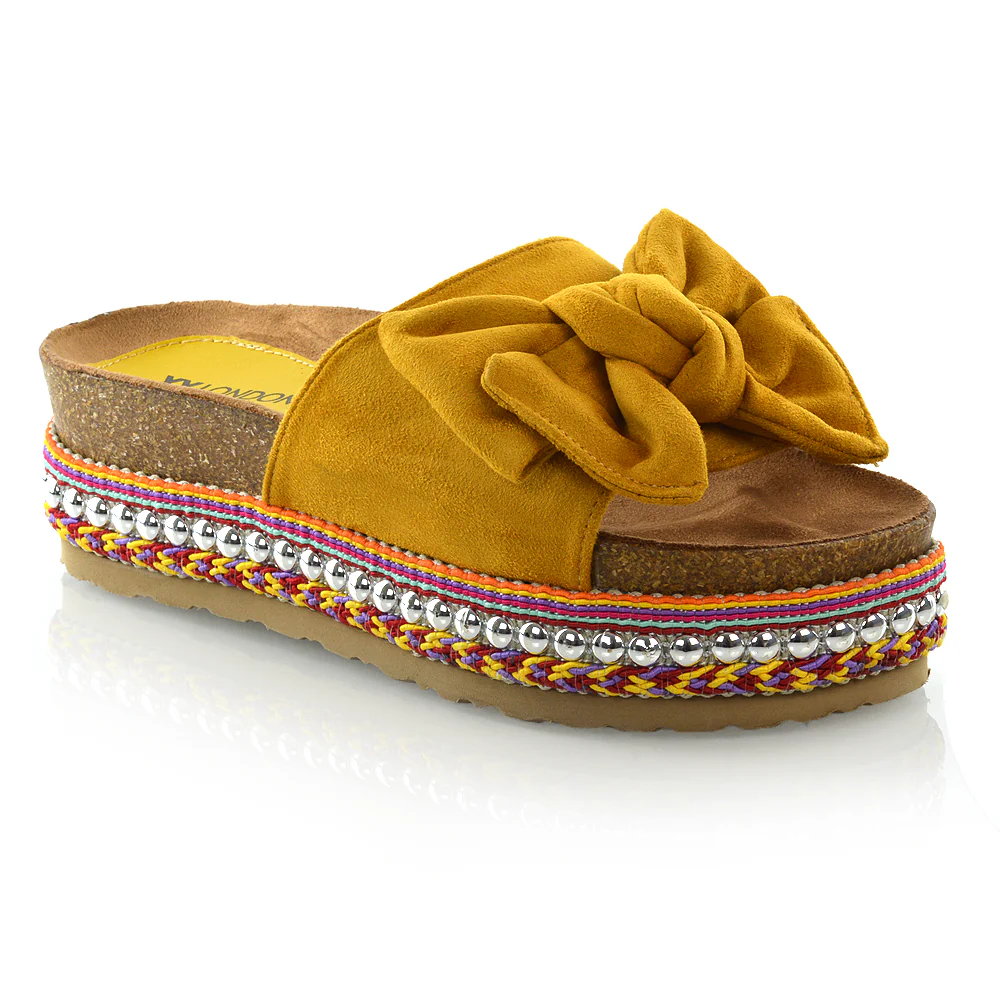 RONNIE BOW DETAIL STRAPPY SLIDER FLATFORM SUMMER SANDALS IN MUSTARD FAUX SUEDE - Image 19