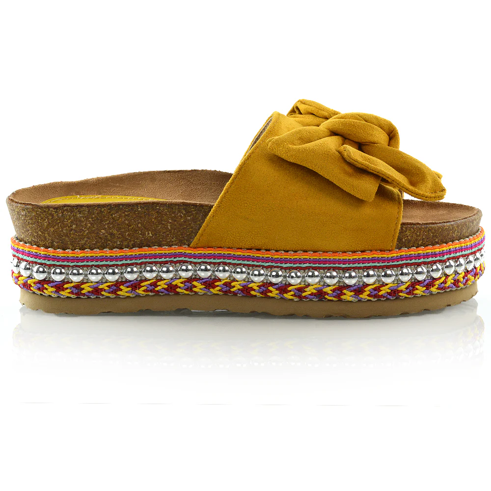 RONNIE BOW DETAIL STRAPPY SLIDER FLATFORM SUMMER SANDALS IN MUSTARD FAUX SUEDE - Image 2