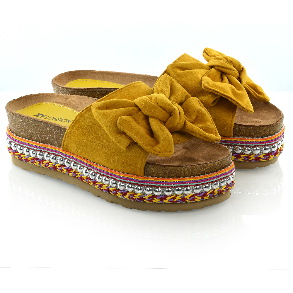 RONNIE BOW DETAIL STRAPPY SLIDER FLATFORM SUMMER SANDALS IN MUSTARD FAUX SUEDE - Image 6