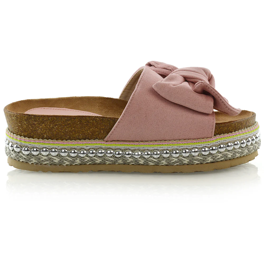 RONNIE BOW DETAIL STRAPPY SLIDER FLATFORM SUMMER SANDALS IN PINK FAUX SUEDE - Image 2