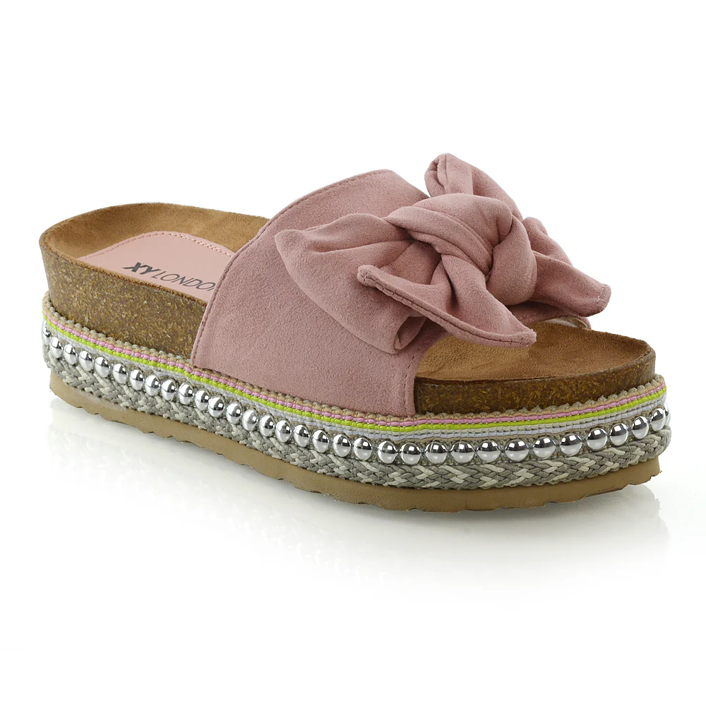 RONNIE BOW DETAIL STRAPPY SLIDER FLATFORM SUMMER SANDALS IN PINK FAUX SUEDE - Image 4