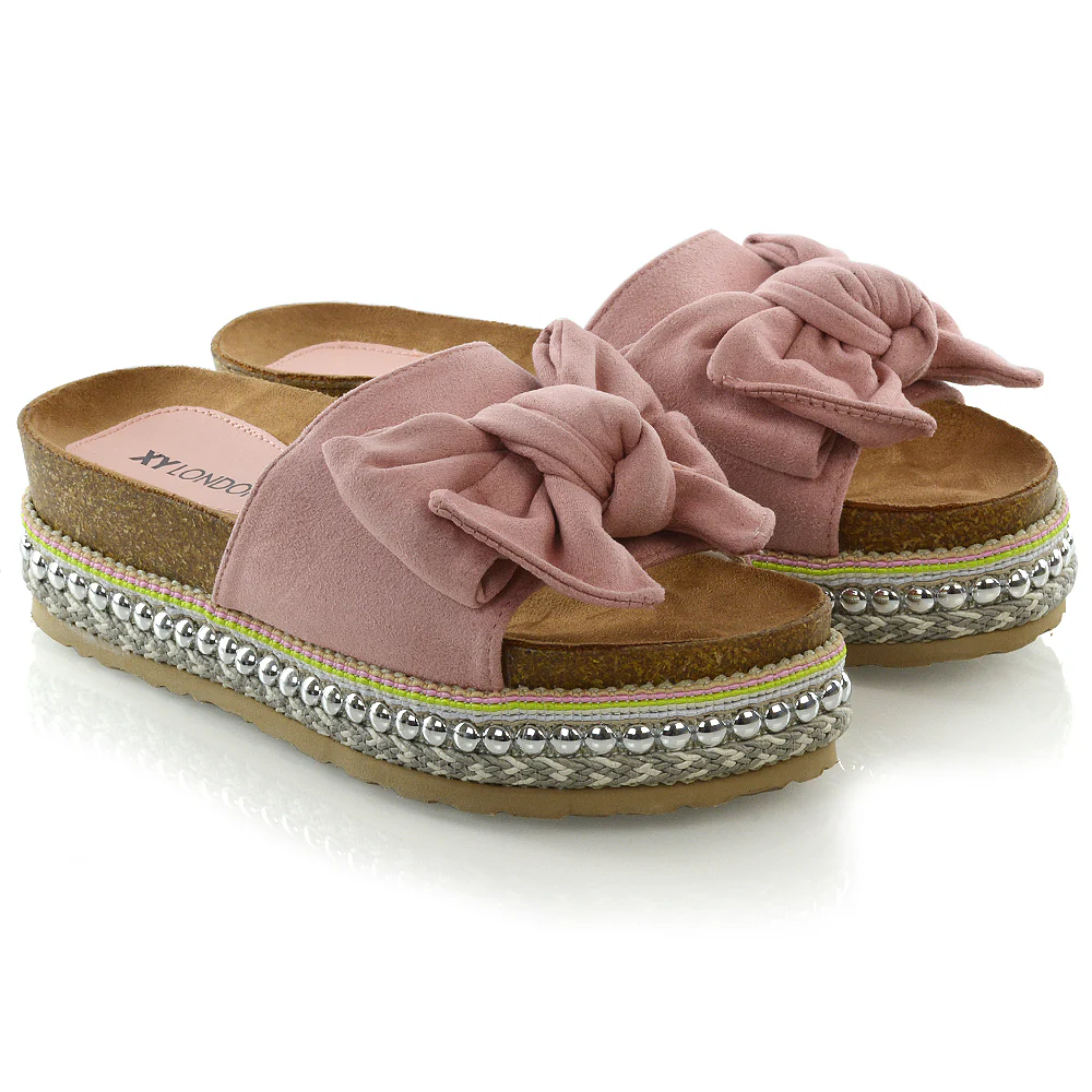 RONNIE BOW DETAIL STRAPPY SLIDER FLATFORM SUMMER SANDALS IN PINK FAUX SUEDE - Image 9