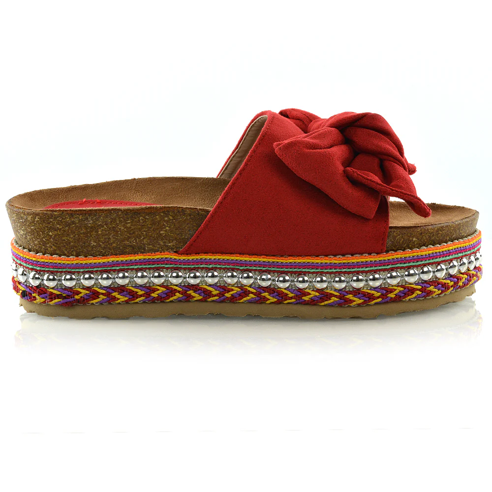 RONNIE BOW DETAIL STRAPPY SLIDER FLATFORM SUMMER SANDALS IN RED FAUX SUEDE - Image 20