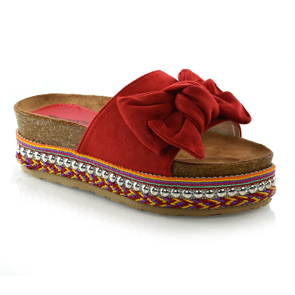 RONNIE BOW DETAIL STRAPPY SLIDER FLATFORM SUMMER SANDALS IN RED FAUX SUEDE - Image 4
