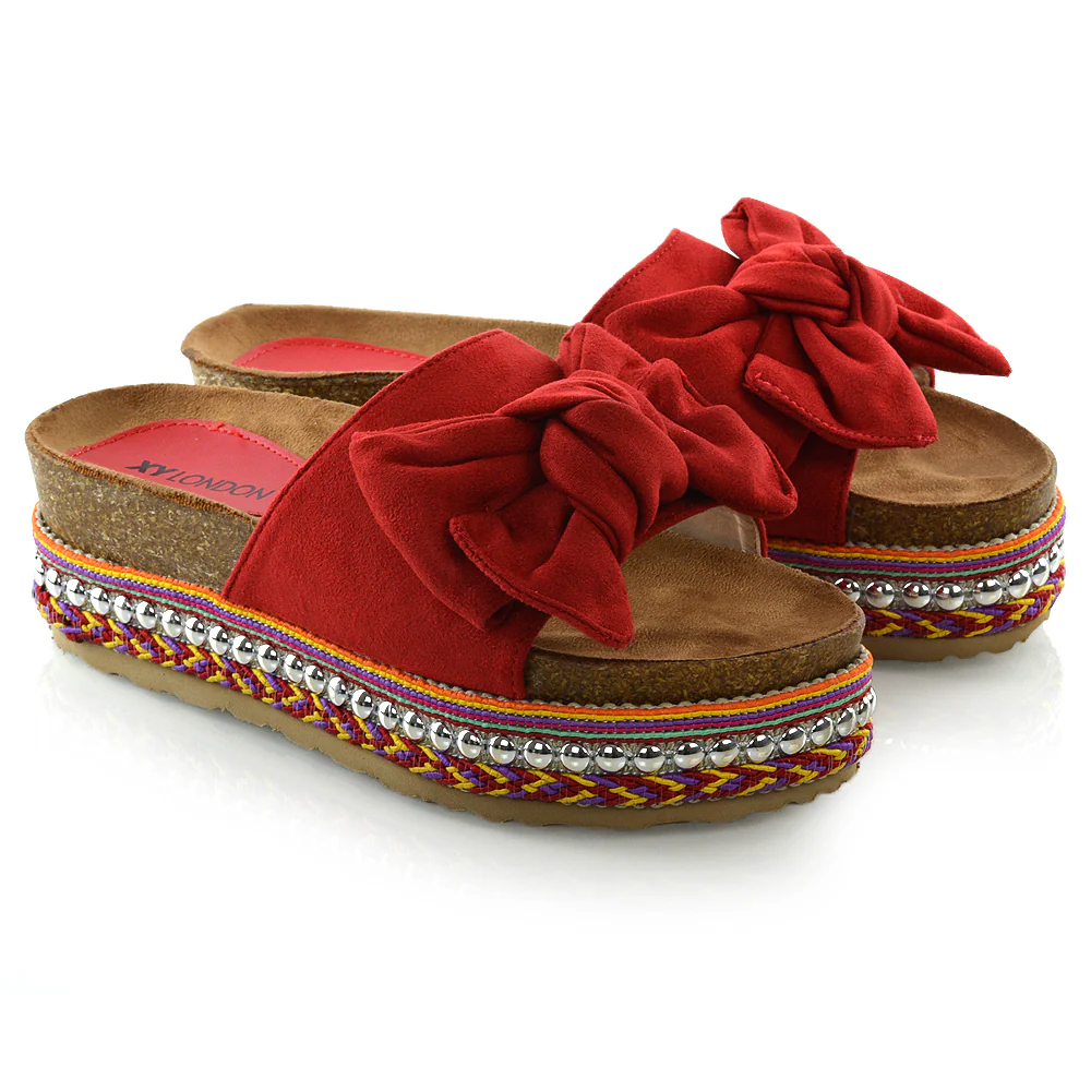 RONNIE BOW DETAIL STRAPPY SLIDER FLATFORM SUMMER SANDALS IN RED FAUX SUEDE - Image 9