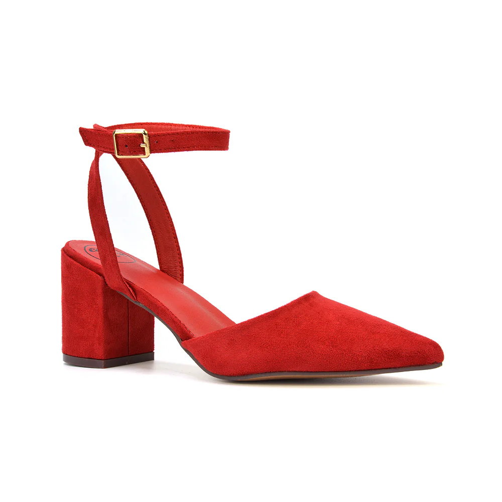 Ronnie Strappy Ankle Buckle Mid Block Heel Pointed Toe in Black Faux Suede - Image 22