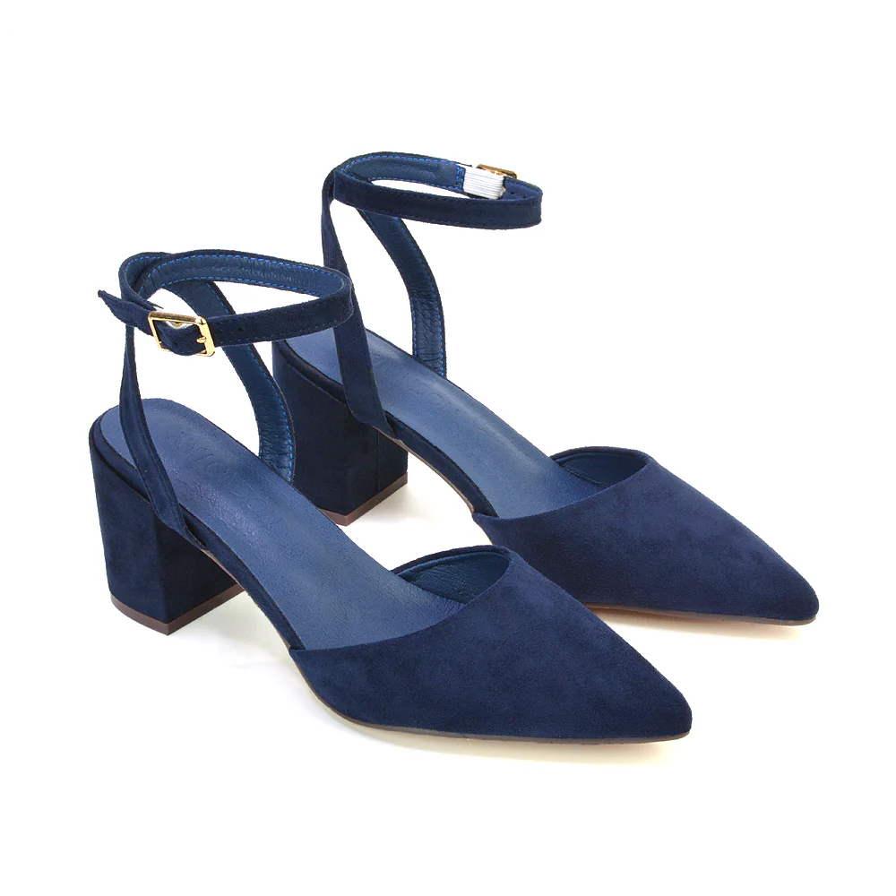 Ronnie Strappy Ankle Buckle Mid Block Heel Pointed Toe in Black Faux Suede - Image 41