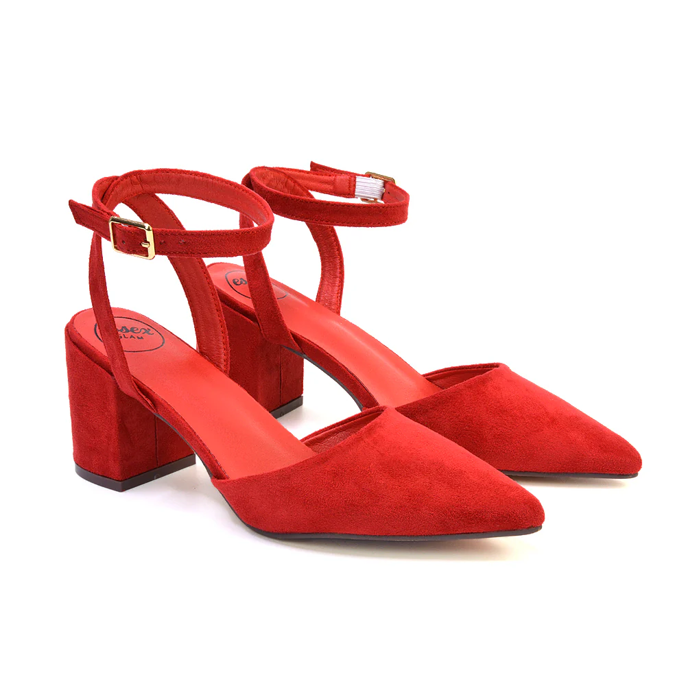Ronnie Strappy Ankle Buckle Mid Block Heel Pointed Toe in Navy Faux Suede - Image 10