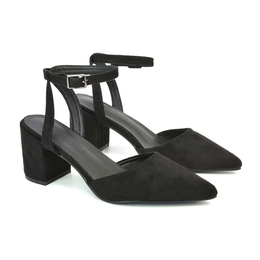 Ronnie Strappy Ankle Buckle Mid Block Heel Pointed Toe in Navy Faux Suede - Image 110
