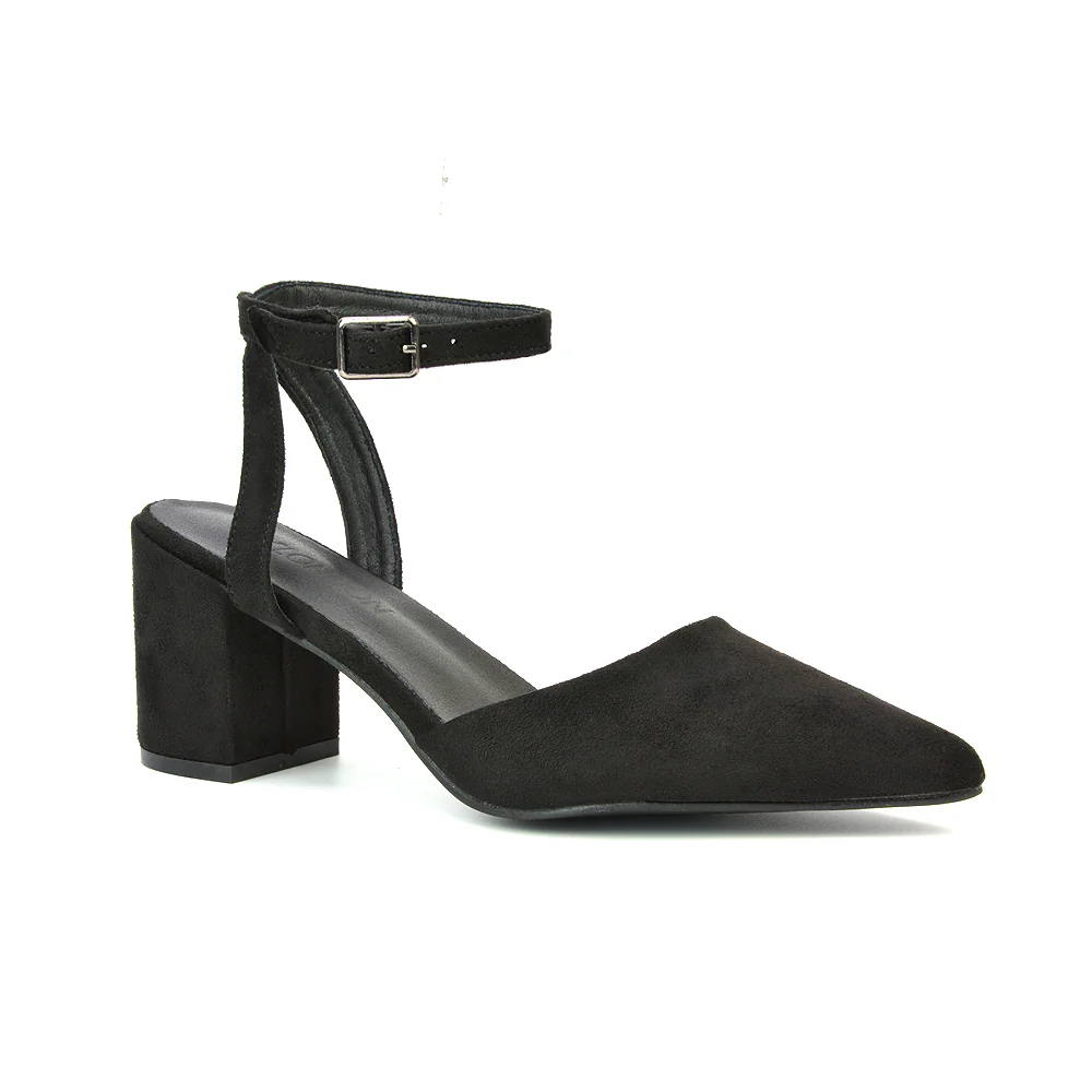 Ronnie Strappy Ankle Buckle Mid Block Heel Pointed Toe in Navy Faux Suede - Image 112