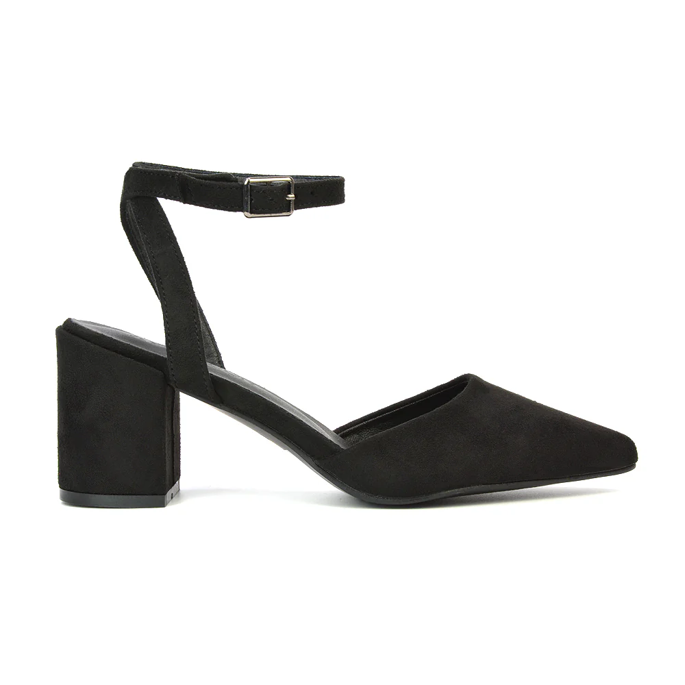 Ronnie Strappy Ankle Buckle Mid Block Heel Pointed Toe in Navy Faux Suede - Image 118