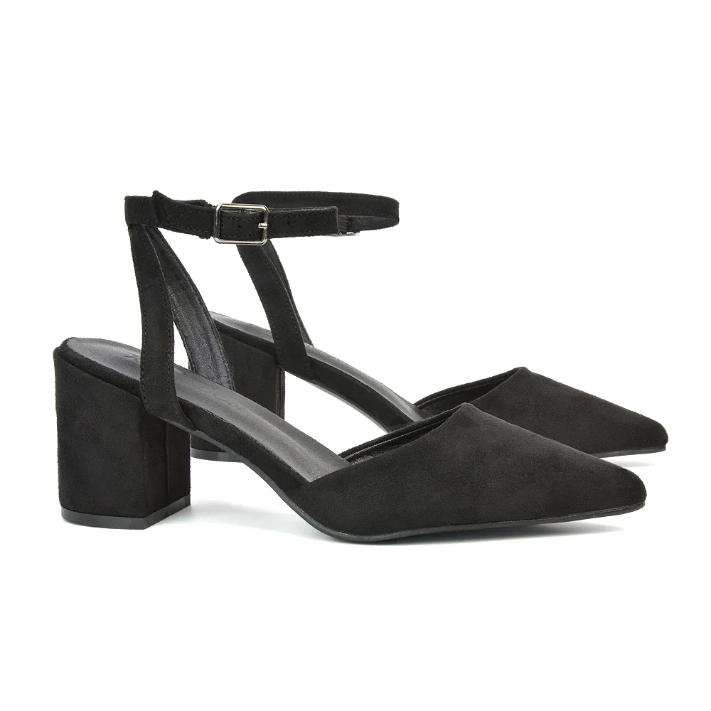 Ronnie Strappy Ankle Buckle Mid Block Heel Pointed Toe in Navy Faux Suede - Image 119