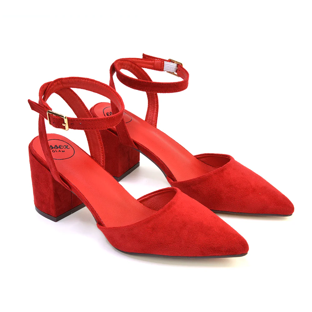 Ronnie Strappy Ankle Buckle Mid Block Heel Pointed Toe in Navy Faux Suede - Image 16