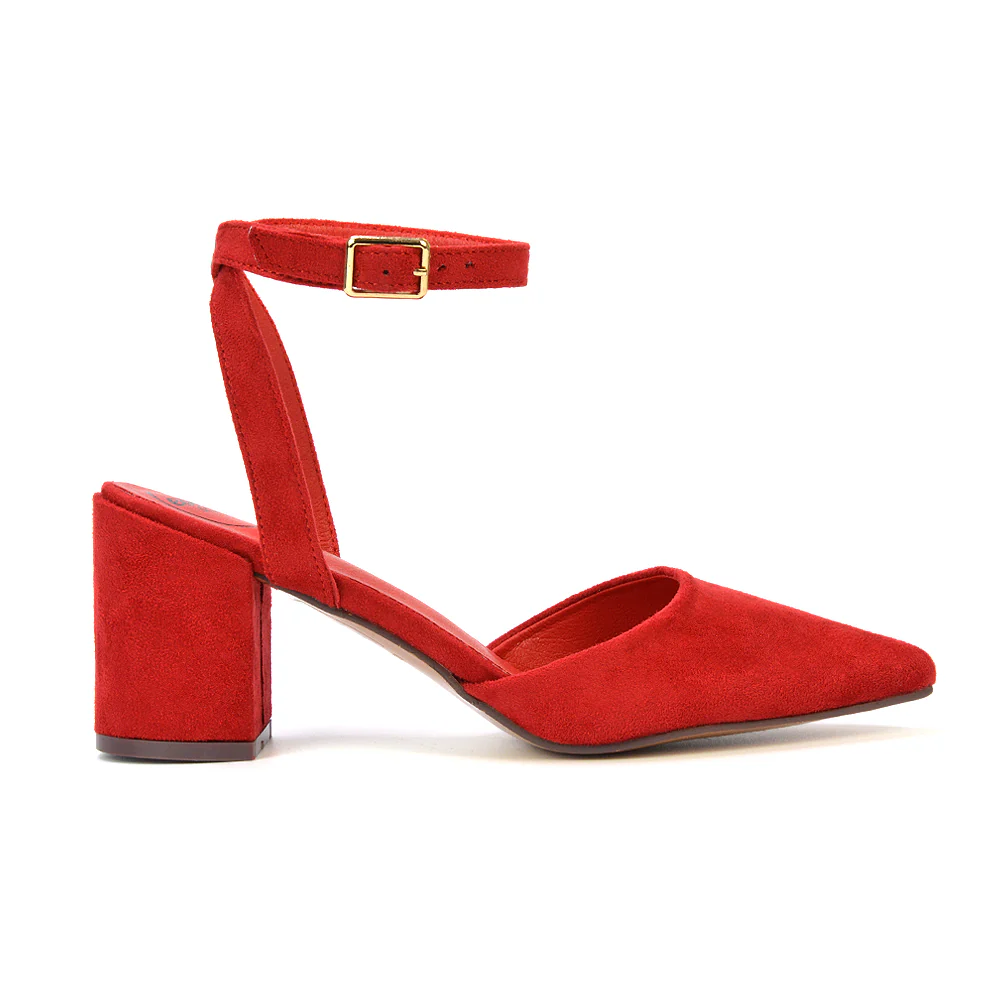 Ronnie Strappy Ankle Buckle Mid Block Heel Pointed Toe in Navy Faux Suede - Image 28