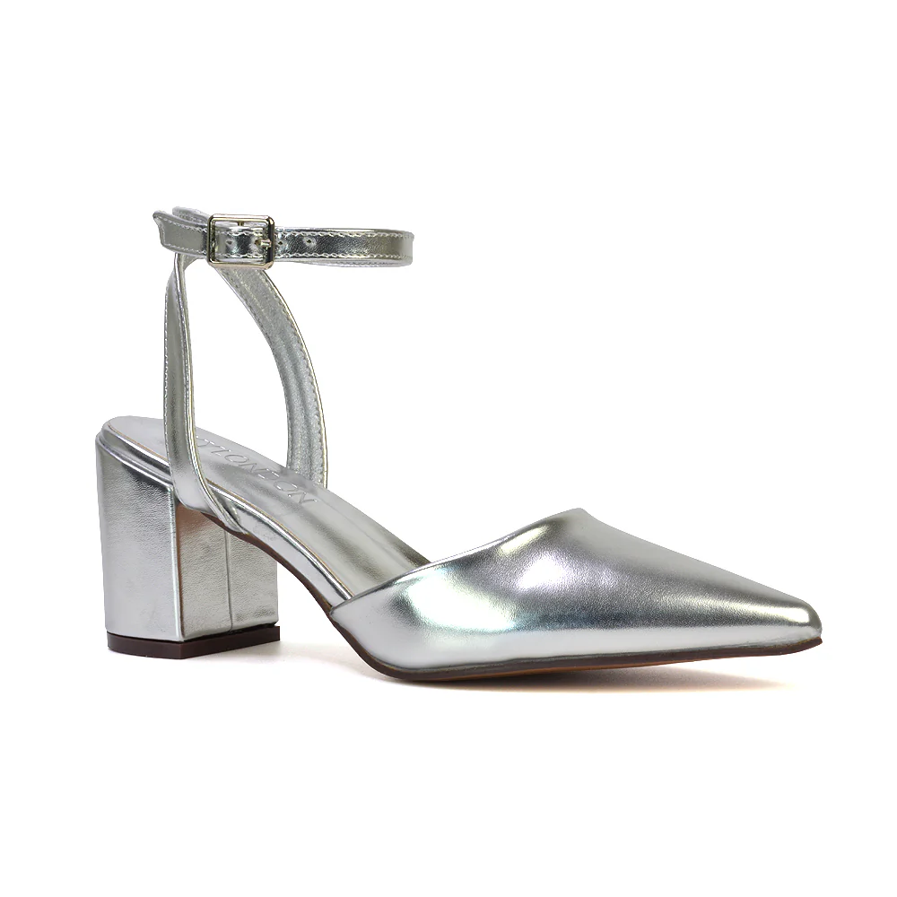 Ronnie Strappy Ankle Buckle Mid Block Heel Pointed Toe in Navy Faux Suede - Image 72