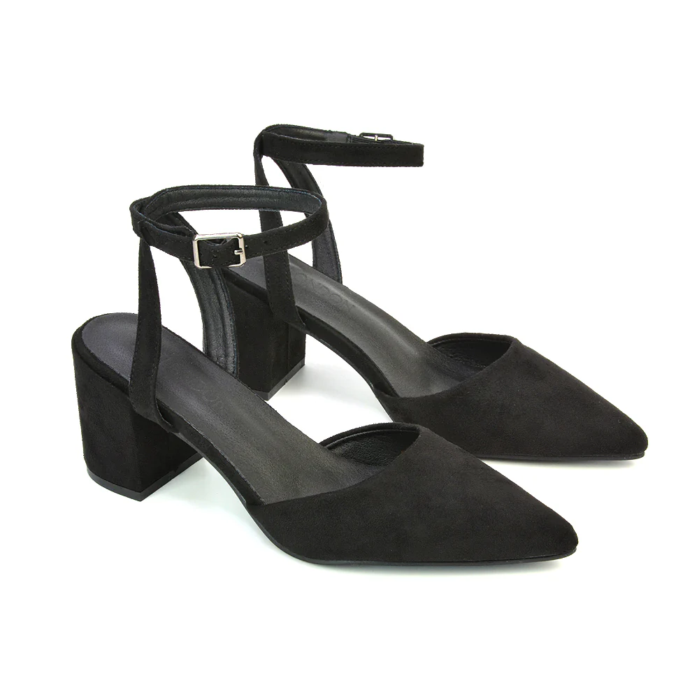 Ronnie Strappy Ankle Buckle Mid Block Heel Pointed Toe in Red Faux Suede - Image 101