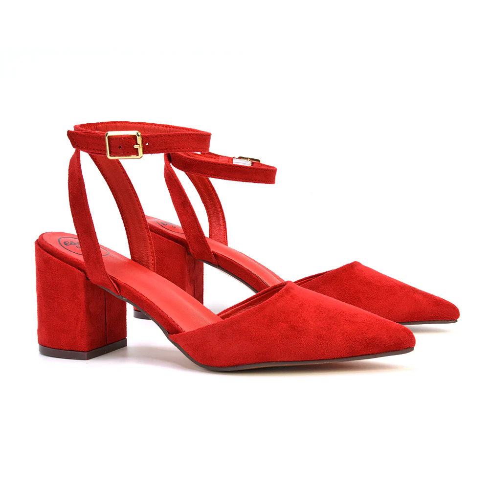 Ronnie Strappy Ankle Buckle Mid Block Heel Pointed Toe in Red Faux Suede - Image 9