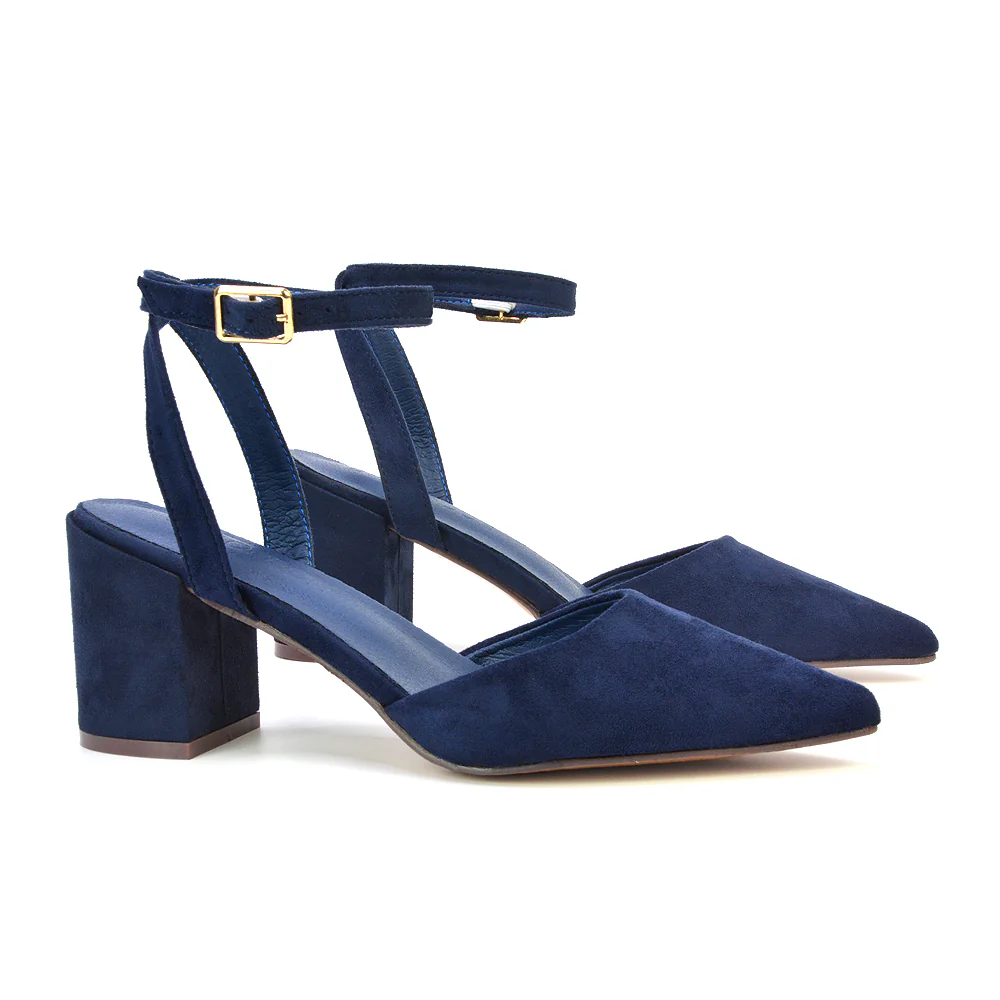 Ronnie Strappy Ankle Buckle Mid Block Heel Pointed Toe in Silver Metallic - Image 49