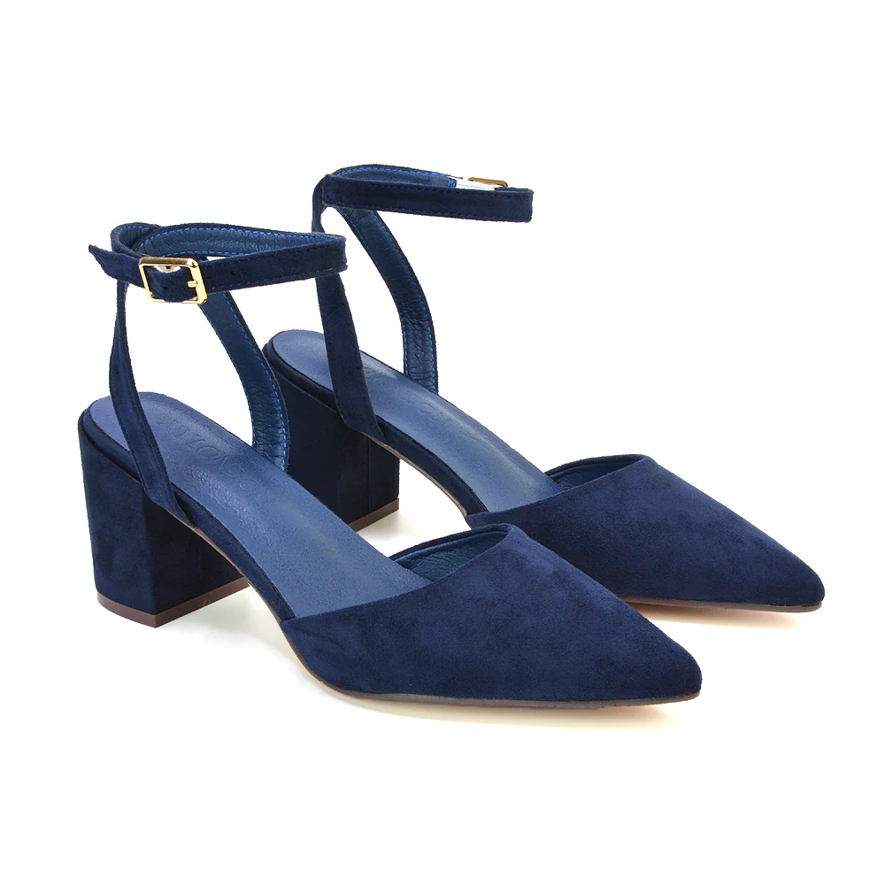Ronnie Strappy Ankle Buckle Mid Block Heel Pointed Toe in Silver Metallic - Image 60