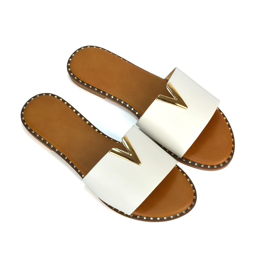 Rorie Faux Leather Slip On Cut Out Holiday Flat Sandal Sliders in Black - Image 24