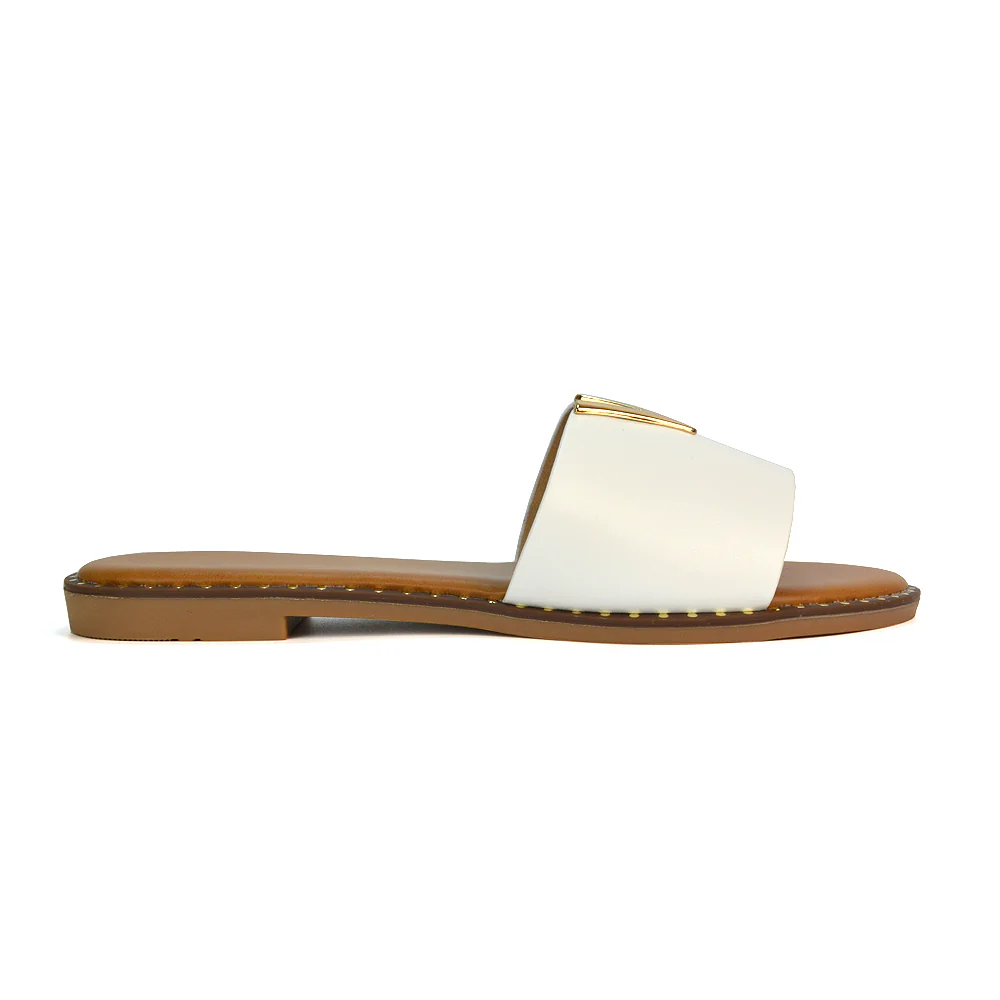 Rorie Faux Leather Slip On Cut Out Holiday Flat Sandal Sliders in Black - Image 33