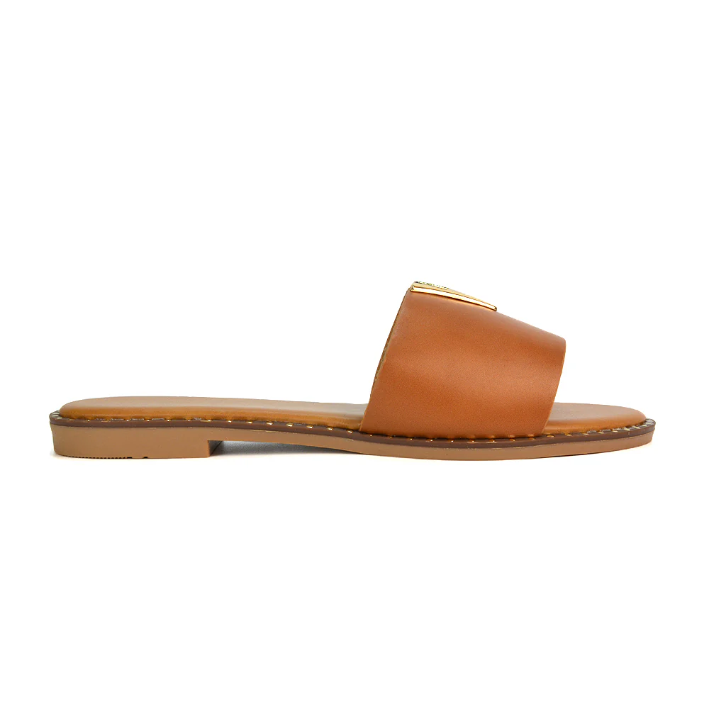 Rorie Faux Leather Slip On Cut Out Holiday Flat Sandal Sliders in Black - Image 38