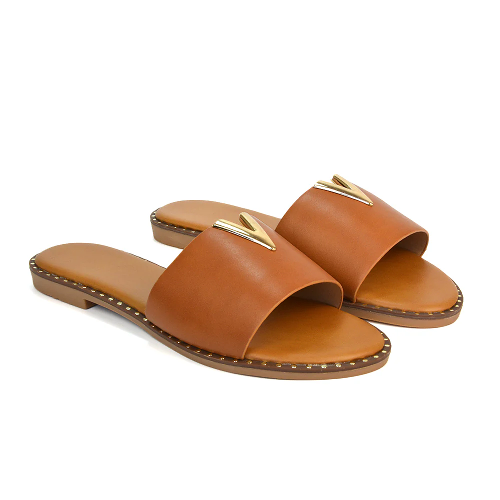 Rorie Faux Leather Slip On Cut Out Holiday Flat Sandal Sliders in Black - Image 41