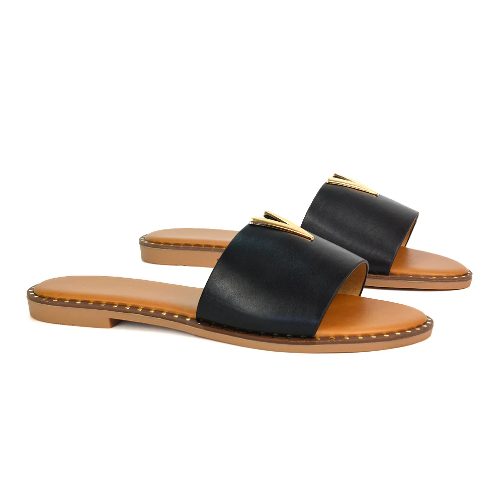 Rorie Faux Leather Slip On Cut Out Holiday Flat Sandal Sliders in Black - Image 80