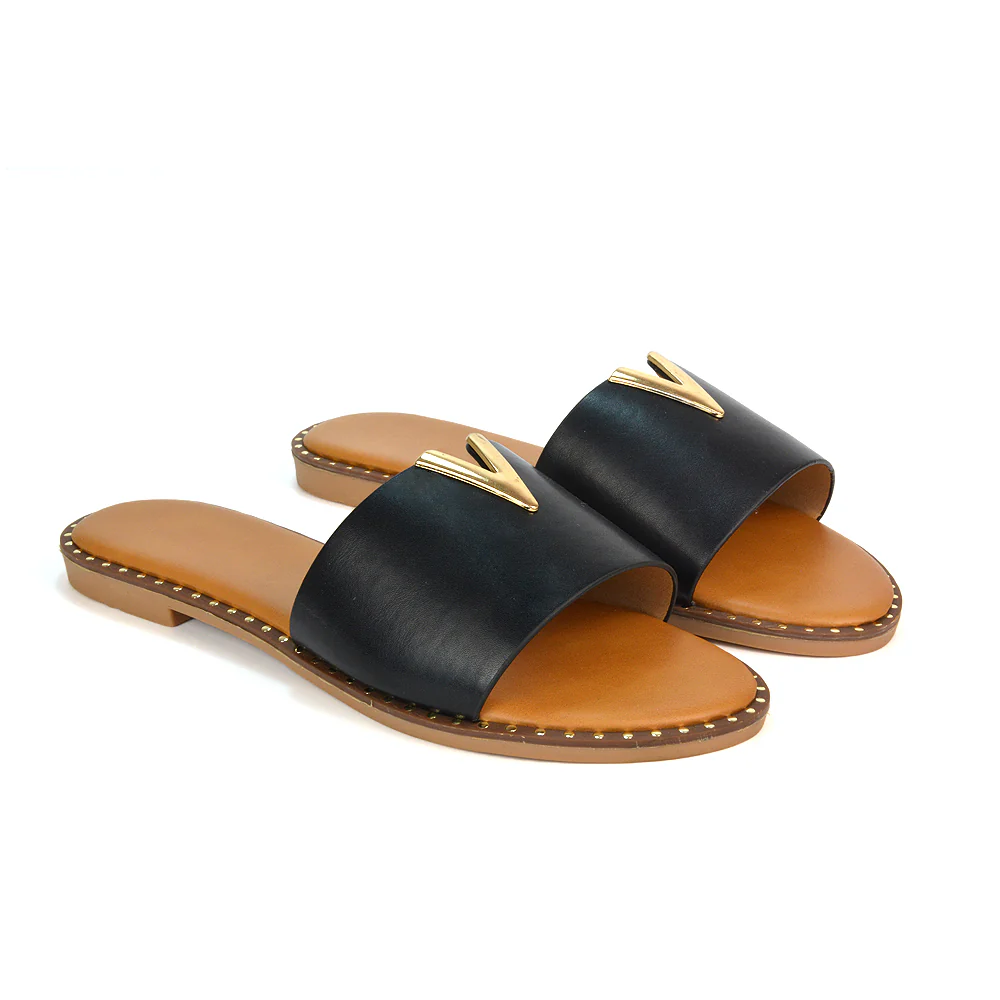 Rorie Faux Leather Slip On Cut Out Holiday Flat Sandal Sliders in Black - Image 86