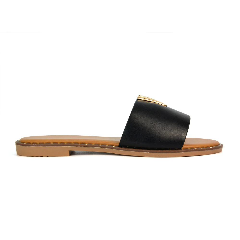 Rorie Faux Leather Slip On Cut Out Holiday Flat Sandal Sliders in Black - Image 93