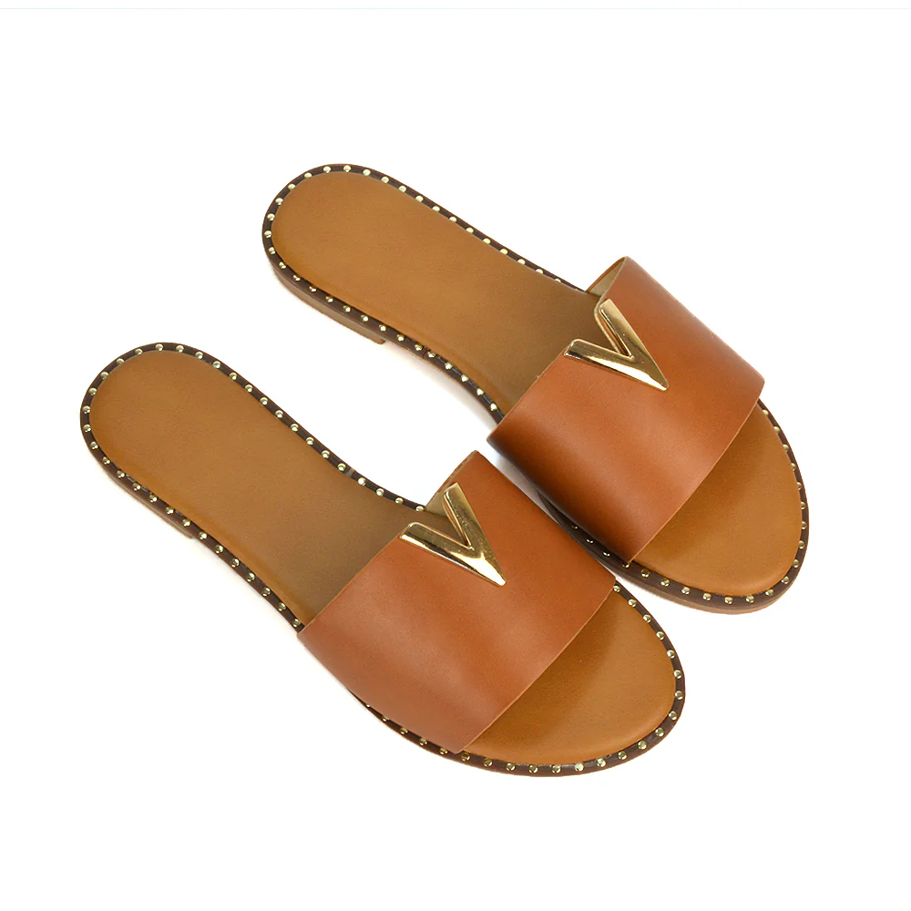 Rorie Faux Leather Slip On Cut Out Holiday Flat Sandal Sliders in Tan - Image 59